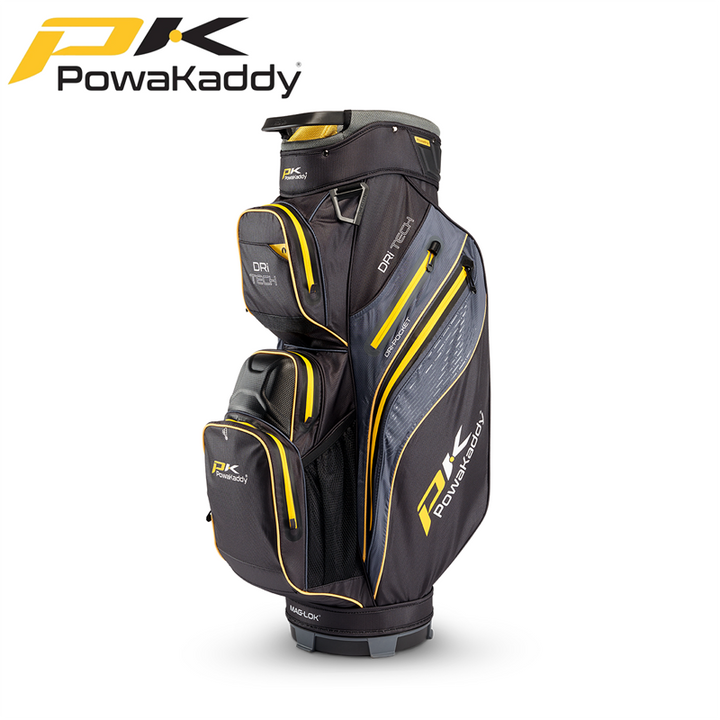 Powakaddy-Dri-Tech-Golf-Bag-Black-Gunmetal-Yellow-Angled