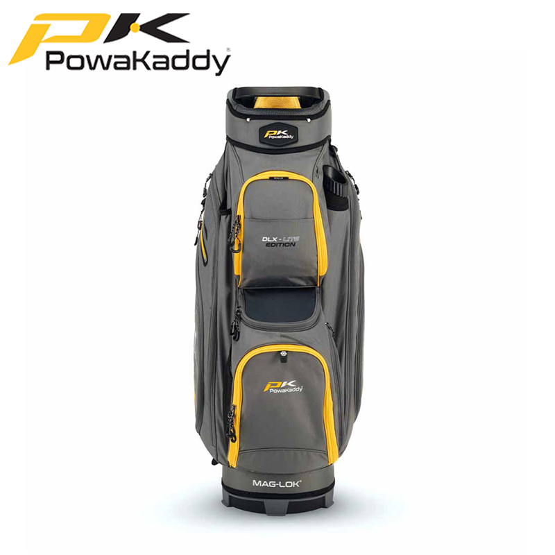 Powakaddy-DLX-Lite-Bag-Gun-Metal-Yellow-Front