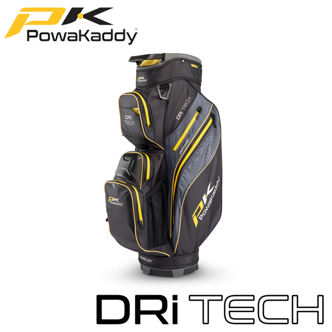 Powakaddy-Dri-Tech-Golf-Bag-Black-Gunmetal-Yellow-Angled