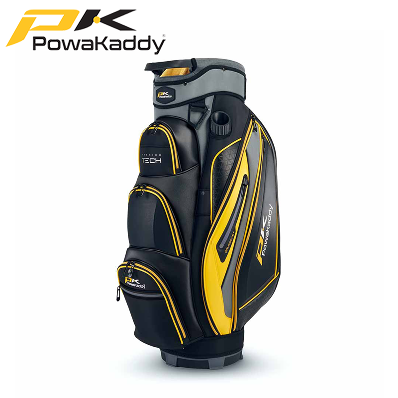 Powakaddy-Premium-Tech-Cart-Bag-Gun-Metal-Yellow-Angled